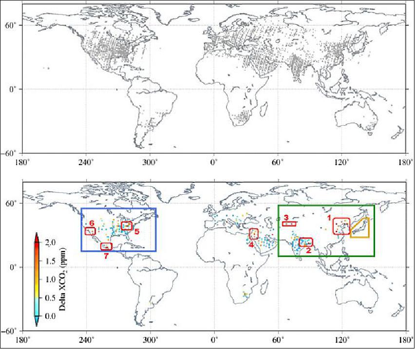Figure 19: Top: Observational points of Ibuki where anthropogenic CO2 concentrations are higher than 0.1 ppm for June 2009 and December 2012. Bottom: Distribution of anthropogenic CO2 concentrations estimated from observational data acquired by Ibuki (image credit: JAXA)