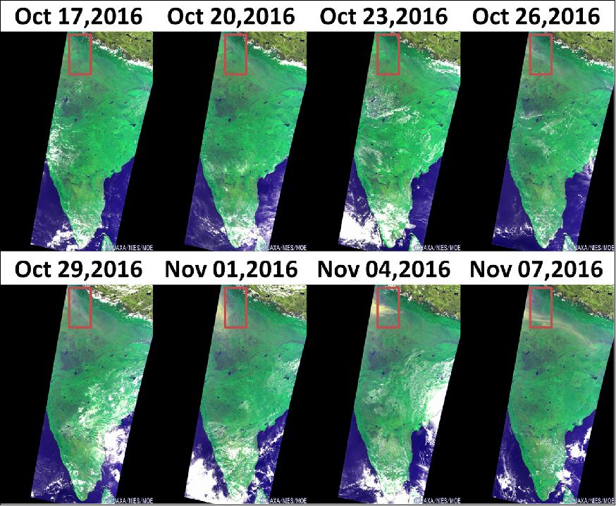 Figure 13: On October 23, there was no smoke in New Delhi. However, smokes spread gradually after October 26. The TANSO-CAI image was composed of band2 (674 nm) in red, band3 (870 nm) in green and band1 (380 nm) in blue (image credit: EORC-JAXA)