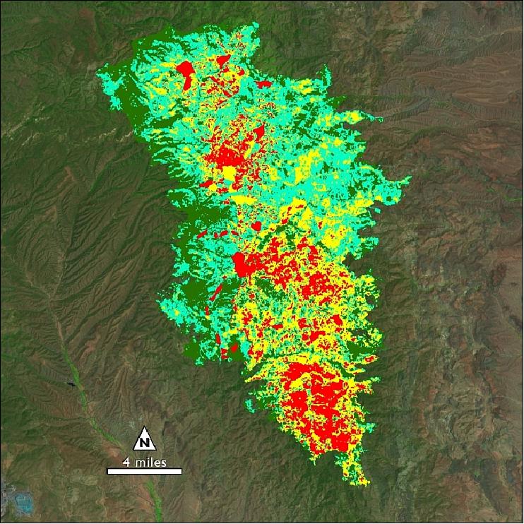 Figure 127: The Landsat-8 soil burn severity map of the NM Silver Fire shows areas that with high (red), medium (yellow) and low (green) severity burns (imagage credit: USDA Forest Service, Burned Area Emergency Response Team)
