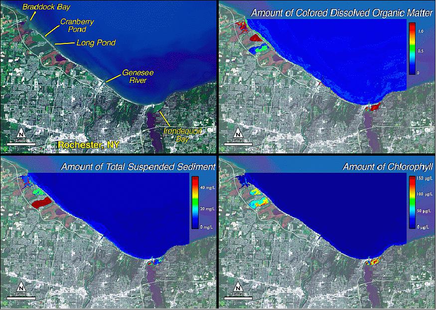 Figure 107: Landsat 8's new blue band and improved ability to distinguish subtle color variations help researchers study coastal water quality. John Schott and colleagues at RIT are measuring chlorophyll and more along Lake Ontario's shores. (image credit: RIT, NASA, USGS)