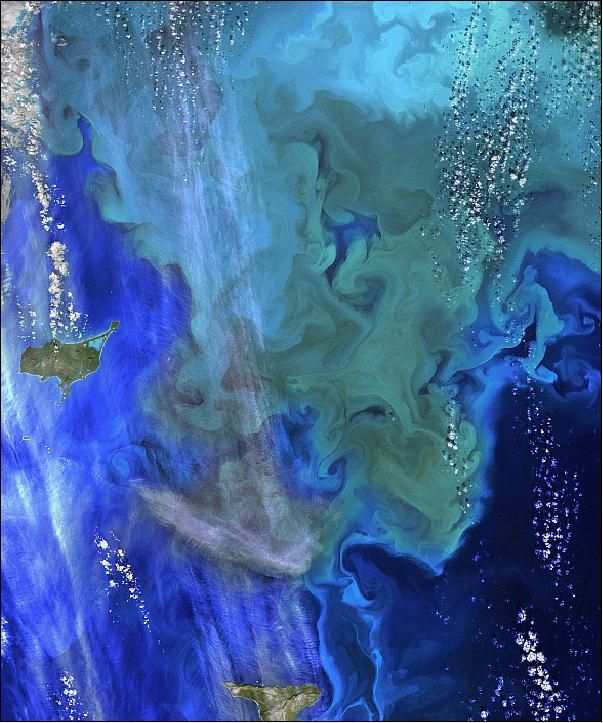 Figure 103: Landsat-8 image of a phytoplankton bloom (green and blue swirls) near the Pribilof Islands off the coast of Alaska, in the Bering Sea, acquired on Sept. 22, 2014 (image credit: NASA/GSFC, USGS)