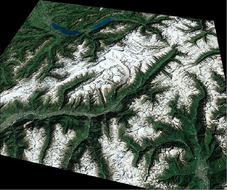 Figure 97: Image of the Aletsch Glacier in the Swiss and Italian Alps, acquired by OLI of Landsat-8 on June 8, 2014 (image credit: USGS, ESA)