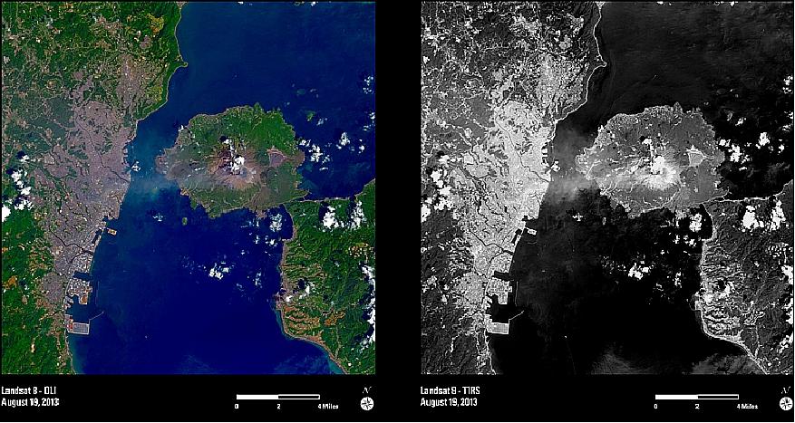 Figure 125: Landsat-8 acquired these images on August 19, 2013 which have been pan-sharpened to more clearly show the remaining smoke continuing to billow from the volcano (image credit: USGS)