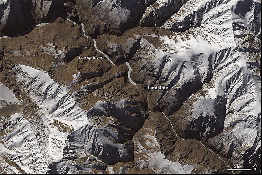 Figure 95: Landslide in Northern India: OLI acquired this image of landslide debris and the barrier lake on January 18, 2015 (image credit: NASA Earth Observatory, Joshua Stevens, USGS)