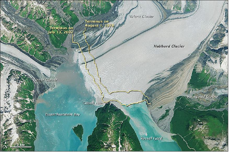 Figure 89: Advancement of Alaska's Hubbard Glacier into the Disenchantment Bay acquired on July 22, 2014 with the OLI instrument on Landsat-8 (image credit: NASA Earth Observatory, USGS, Joshua Stevens)