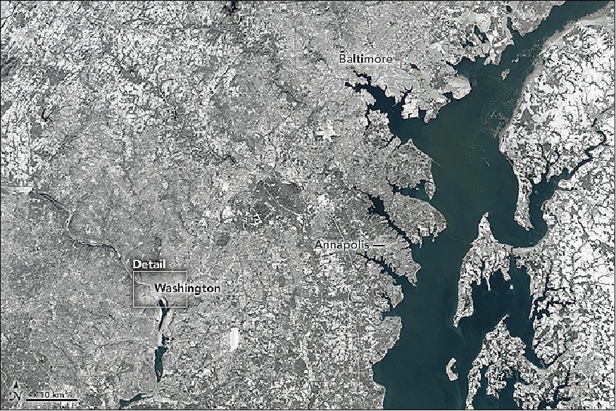 Figure 83: OLI on Landsat-8 captured this natural-color image of Virginia, Maryland, and Washington D.C. in the early afternoon on January 24 (image credit: NASA Earth Observatory, Joshua Stevens)