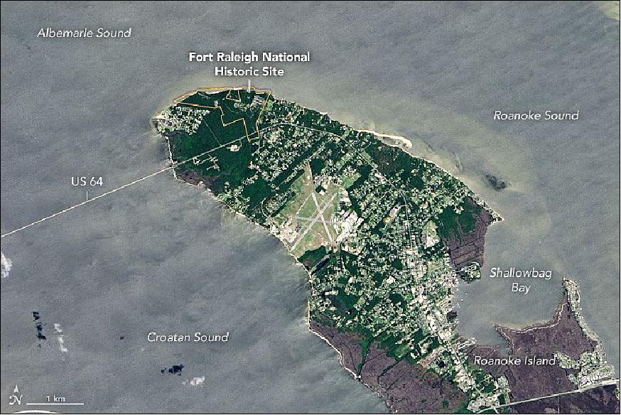 Figure 79: OLI image of the northern half of Roanoke Island, along with the Fort Raleigh National Historic Site, acquired on June 7, 2015 (image credit: NASA Earth Observatory, image by Jesse Allen, using Landsat data from the USGS)