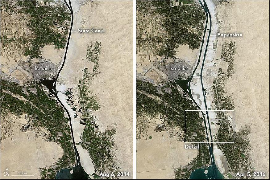 Figure 77: OLI (Operational Land Imager) on Landsat-8 acquired these images of the canal's mid-section, where the project was focused. The left image shows the area on August 6, 2014, around the start of the expansion; the right image was acquired April 5, 2016, about nine months after the expansion was complete (image credit: NASA Earth Observatory, images by Jesse Allen, using Landsat data from the USGS)