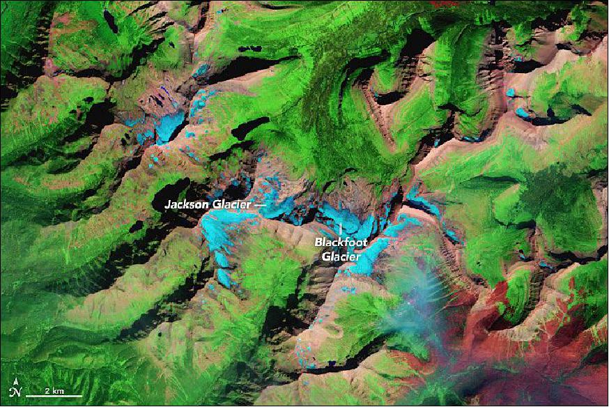 Figure 74: Landsat-8 OLI (Operational Land Imager) map of the Montana's Glacier National Park, acquired on August 23, 2015 (image credit: NASA Earth Observatory, images by Jesse Allen, using Landsat data from the USGS)