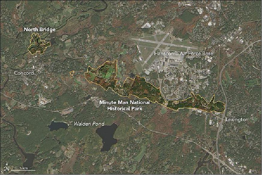 Figure 72: Detail map of the Minute Man National Historical Park acquired with OLI of Landsat-8 on October 15, 2015 (image credit: NASA Earth Observatory, image by Jesse Allen using Landsat data from the USGS)