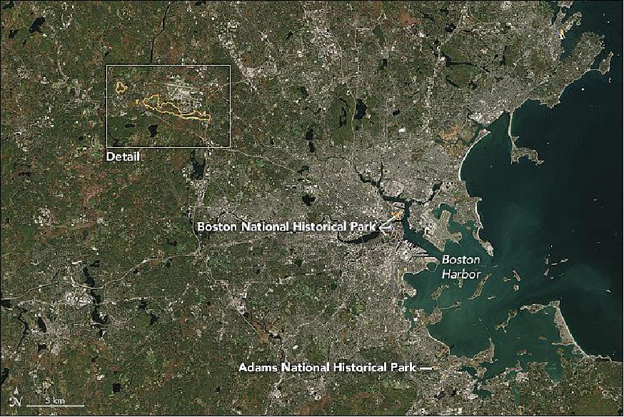 Figure 71: Overview of the Boston region from Boston Harbor to National Historical Park, acquired with OLI of Landsat-8 on October 15, 2015 (image credit: NASA Earth Observatory, image by Jesse Allen using Landsat data from the USGS)