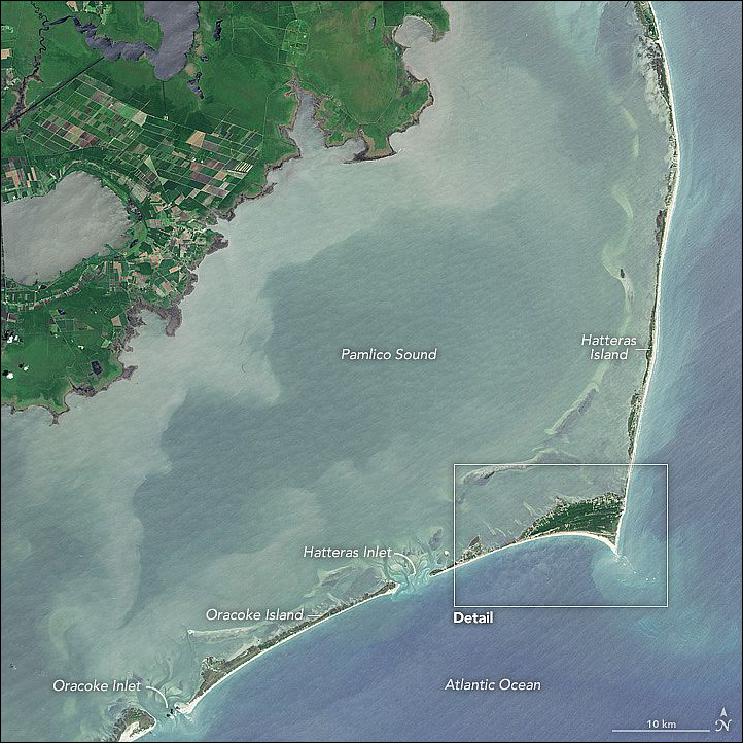 Figure 69: These islands have been in flux long before the park was established, and they continue to change today. These images show a moment in time on June 7, 2015, captured with the Operational Land Imager (OLI) on the Landsat-8 satellite. Various stages of island evolution—from build-up to erosion—are all visible along the island chain (image credit: NASA Earth Observatory, images by Jesse Allen, using Landsat data from the USGS)