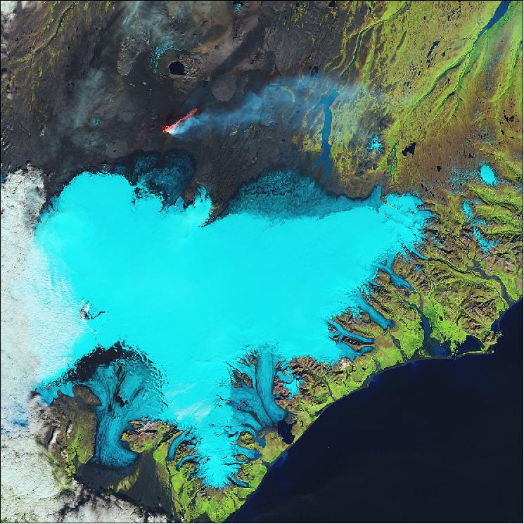Figure 66: Landsat-8 false color image of the Vatnajökull glacier (in blue) and the Holuhraun lava field on Iceland's southeastern coast, acquired on Sept. 6, 2014 (image credit: USGS, ESA)