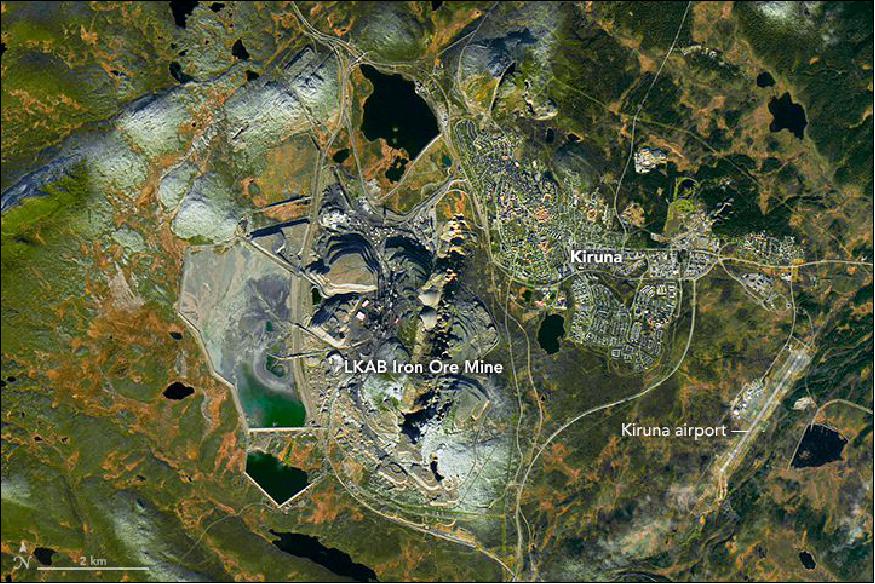 Figure 65: Image of the Kiruna Iron Ore Mine and the town of Kiruna, acquired on Oct. 10, 2016 with OLI on Landsat-8 (image credit: NASA Earth observatory, image by Joshua Stevens using Landsat data from the USGS)