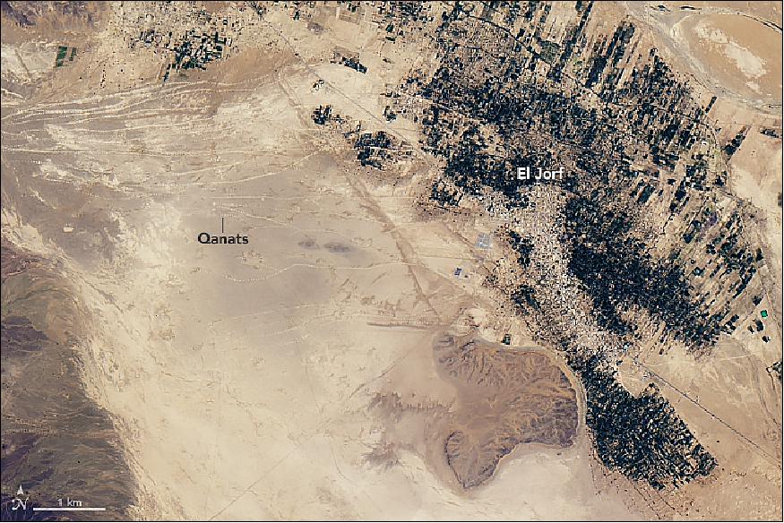 Figure 64: The OLI (Operational Land Imager) of Landsat-8 acquired this image of several qanats leading toward El Jorf on July 2, 2016 (image credit: NASA Earth Observatory, image by Joshua Stevens, using Landsat data from the USGS)