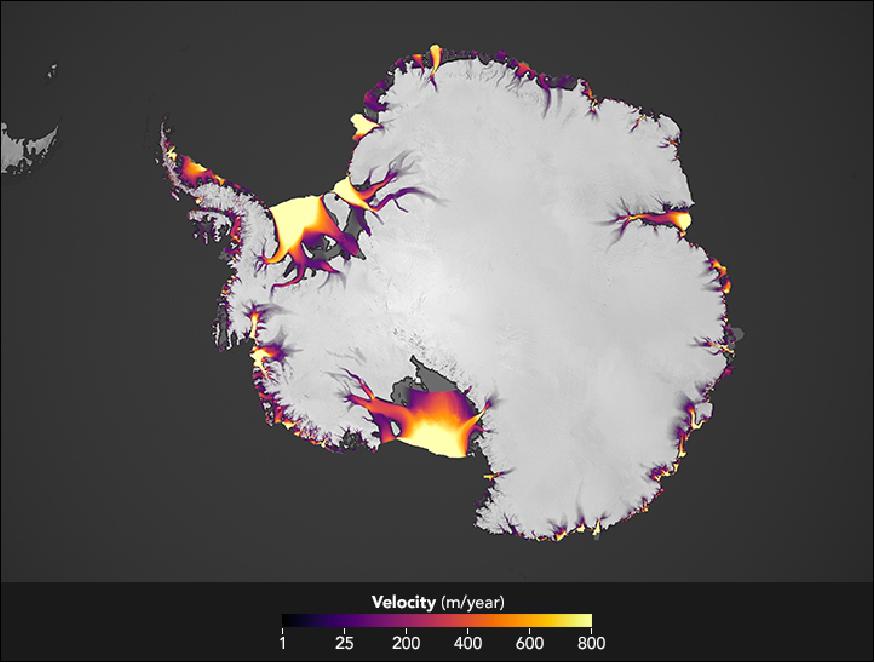 Figure 63: GoLIVE map of Landsat-8 OLI data showing the velocity of ice in Antarctica in 2015 (image credit: NASA Earth Observatory, images Landsat-derived ice velocity data courtesy of Alex Gardner, NASA/JPL, California Institute of Technology and ASTER GDEM data from the NASA/GSFC/METI/ERSDAC/JAROS, and U.S./Japan ASTER Science Team)