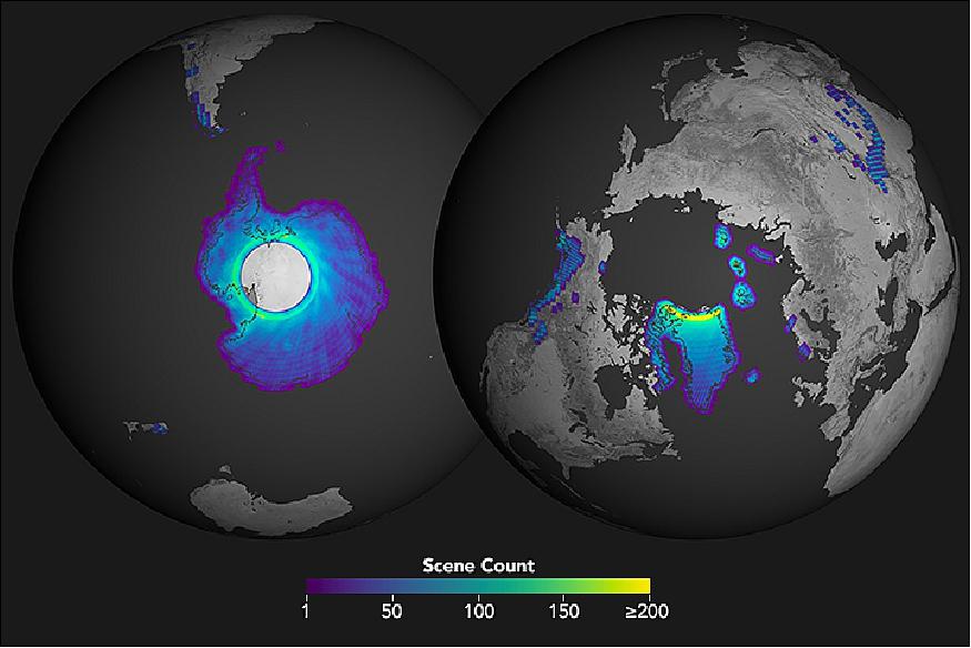 Figure 62: Observation frequency of the polar regions of Earth, Antarctica (left) and the Arctic region (right) by the Landsat-8 satellite (image credit: NASA Earth Observatory, images Landsat-derived ice velocity data courtesy of Alex Gardner, NASA/JPL, California Institute of Technology and ASTER GDEM data from the NASA/GSFC/METI/ERSDAC/JAROS, and U.S./Japan ASTER Science Team)