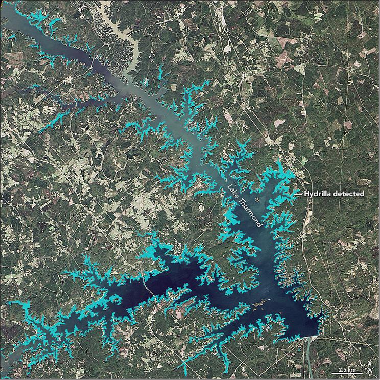 Figure 58: The OLI (Operational Land Imager) on Landsat-8 acquired this image of Lake Thurmond on Oct. 18, 2015 (image credit: NASA Earth Observatory, map by Jesse Allen, using Landsat data from the USGS and field observations and model data provided by Abhishek Kumar, University of Georgia; caption by Kathryn Hansen)