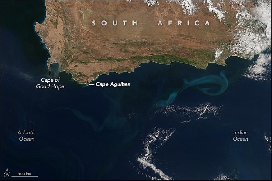 Figure 57: Suomi-NPP image of the South Africa Coast, acquired with VIIRS (Visible Infrared Imaging Radiometer Suite) on Jan. 4, 2017. The light blue swirl to the east of Cape Agulhas is a phytoplankton bloom in an area of cool, upwelling water (image credit: NASA Earth Observatory, image caption by Adam Voiland)