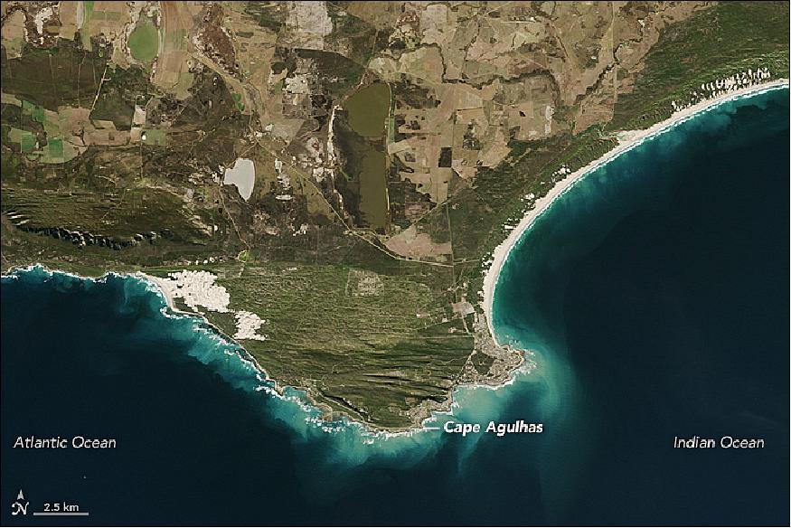 Figure 56: Landsat-8 image of Cape Agulhas, acquired by OLI (Operational Land Imager) on May 25, 2016 (image credit: NASA Earth Observatory, image by Jesse Allen, using Landsat data from USGS)
