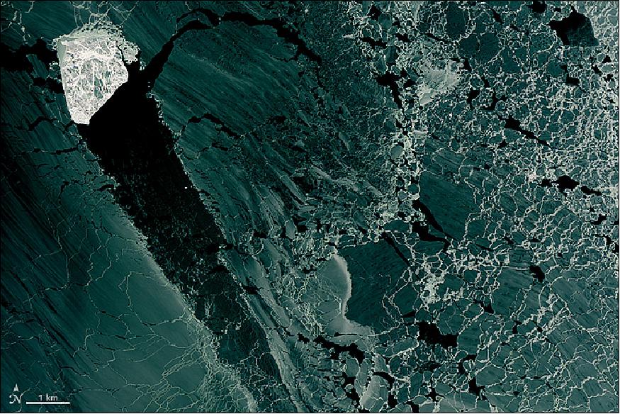 Figure 52: Detail image showing grounded ice (image credit: NASA Earth Observatory, images by Joshua Stevens, using Landsat data from the USGS)
