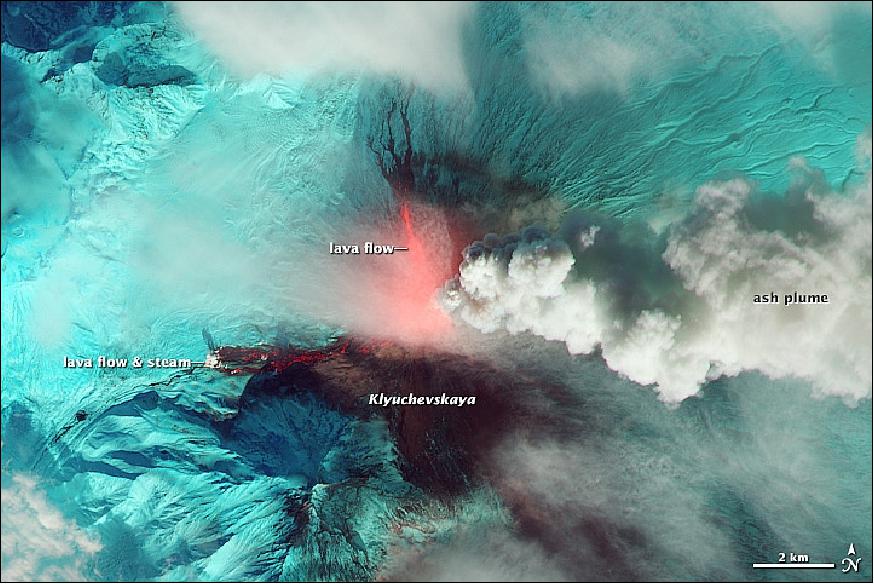 Figure 122: Lava flows and ash plume from Klyuchevskaya volcano, Kamchatka, acquired by OLI on Oct. 20, 2013 (image credit: NASA)