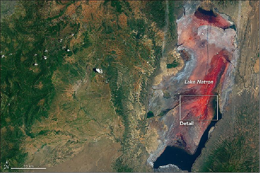 Figure 42: OLI image of Lake Natron in Tanzania, acquired on March 6, 2017 (image credit: NASA Earth Observatory, images by Joshua Stevens using Landsat data from the USGS)