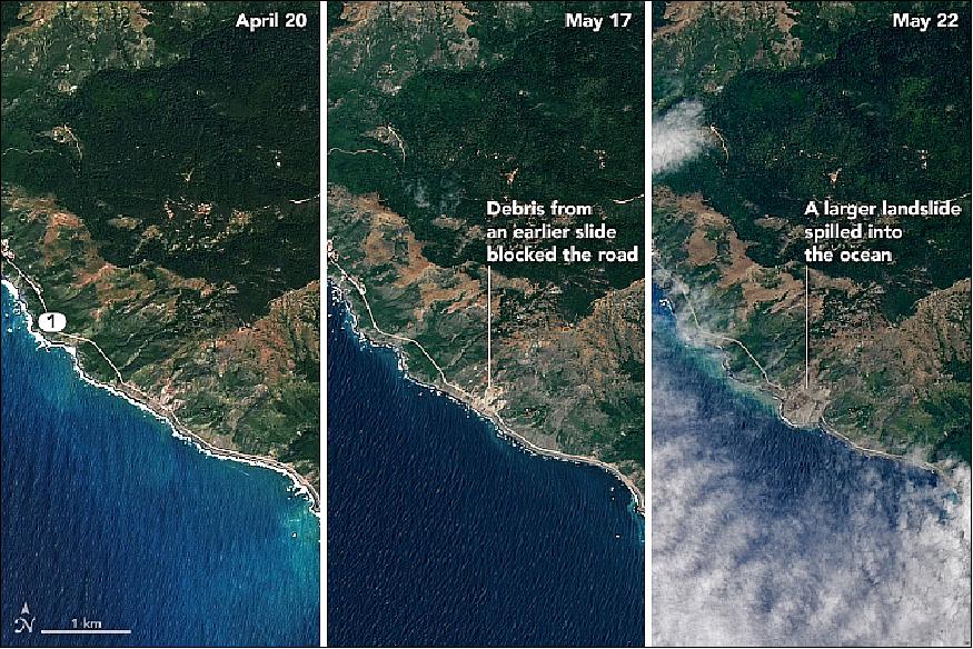 Figure 41: Documentation of a major landslide on California's Highway 1 observed by OLI on Landsat-8 and by MSI on Sentinel-2 (image credit: NASA Earth Observatory, images by Joshua Stevens, using Landsat data from the USGS and Sentinel-2 data from ESA, story by Pola Lem)