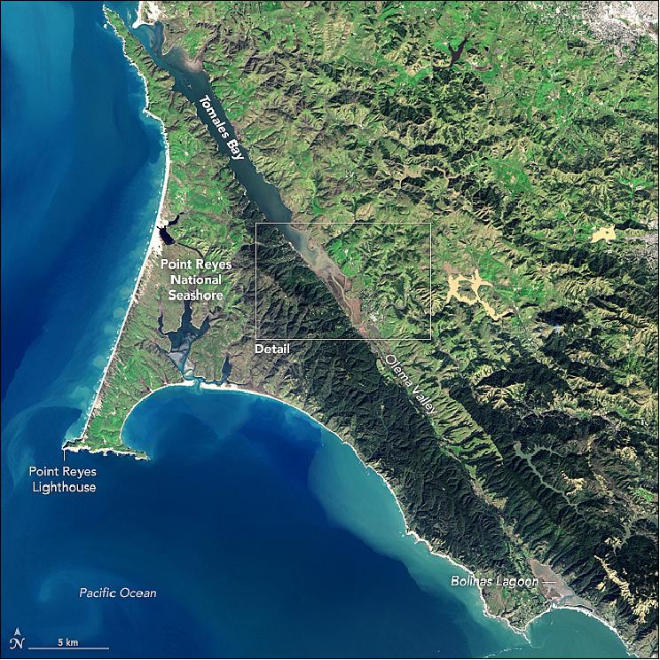 Figure 36: Overview of the Tomales Bay as part of the San Andreas fault, about 50 km northwest of San Francisco (image credit: NASA Earth Observatory , images by Jesse Allen, using Landsat data from the USGS, story by Adam Voiland)