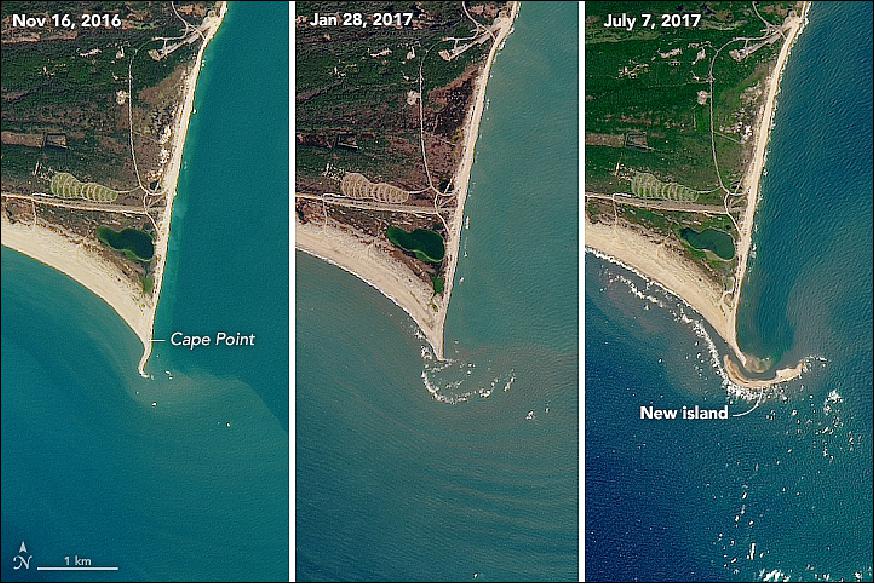 Figure 34: Three images of North Carolina's Cape Hatteras, acquired with OLI on Landsat-8, show the changing coastline with the built-up of shoals (image credit: NASA Earth Observatory, images by Jesse Allen and Joshua Stevens, using Landsat data from the USGS, story by Kathryn Hansen)