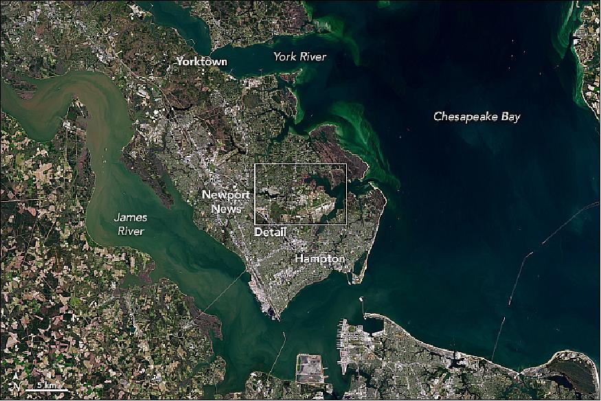 Figure 32: Location of LRC on the Virginia Peninsula, acquired on April 9, 2017, bound to the north by the York River, to the south by the James River, and to the east by the Chesapeake Bay (image credit: NASA Earth Observatory, images by Joshua Stevens, using Landsat data from the USGS, Story by Jim Schultz, NASA Langley Research Center, adapted by Mike Carlowicz)