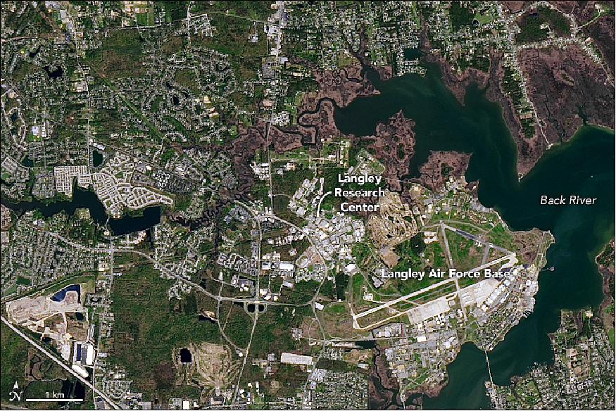 Figure 31: OLI (Operational Land Imager) on Landsat-8, acquired these natural-color images of LRC (Langley Research Center), also known as LaRC, and the surrounding Hampton Roads area on April 9, 2017 (image credit: NASA Earth Observatory, images by Joshua Stevens, using Landsat data from the USGS, Story by Jim Schultz, NASA Langley Research Center, adapted by Mike Carlowicz)