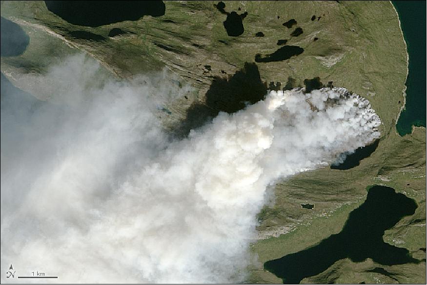 Figure 30: Detailed OLI image of wildfires on Greenland (image credit: NASA Earth Observatory, images by Jesse Allen, using Landsat data from the USGS, Story by Adam Voiland, with information from Ruth Mottram (Danish Meteorological Institute), Jessica McCarty (Miami University), Mark Parrington (COPERNICUS), and Stef Lhermitte (Delft University of Technology)