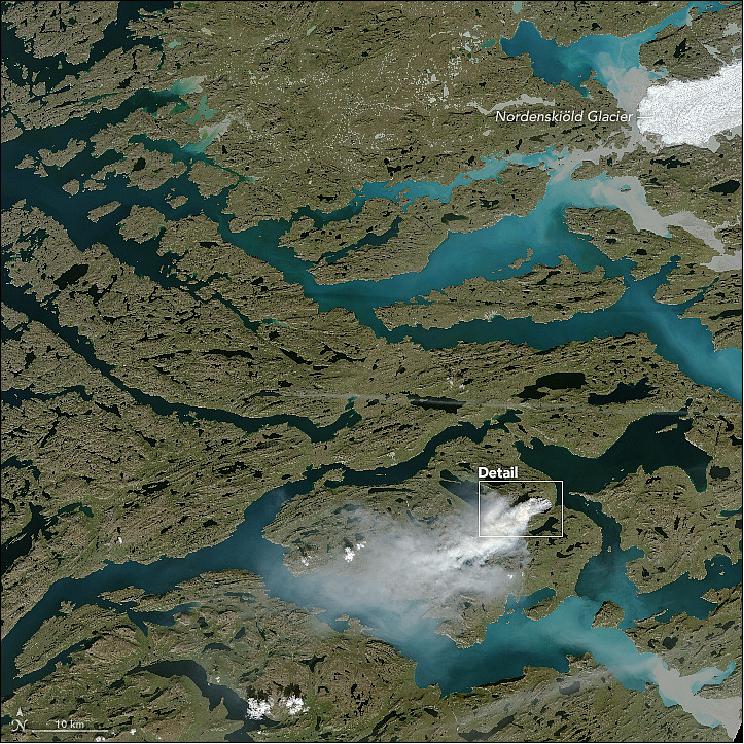 Figure 29: Wildfires are burning in Greenland, acquired on August 3, 2017 with OLI on Landsat-8 (image credit: NASA Earth Observatory, images by Jesse Allen, using Landsat data from the USGS, Story by Adam Voiland, with information from Ruth Mottram (Danish Meteorological Institute), Jessica McCarty (Miami University), Mark Parrington (COPERNICUS), and Stef Lhermitte (Delft University of Technology)
