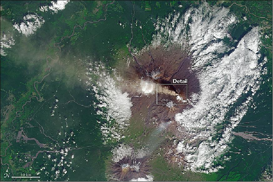 Figure 27: OLI on Landsat-8 captured this image of a volcanic plume streaming west from the volcano on August 19, 2017 (image credit: NASA Earth Observatory, images by Joshua Stevens, using Landsat data from the USGS, story by Adam Voiland)