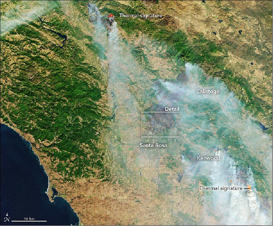 Figure 20: Landsat-8 false-color image of the north California wine country affected by wildfires, acquired on 11 Oct. 2017 (image credit: NASA Earth Observatory, images by Joshua Stevens, using Landsat data from the USGS, Story by Mike Carlowicz)