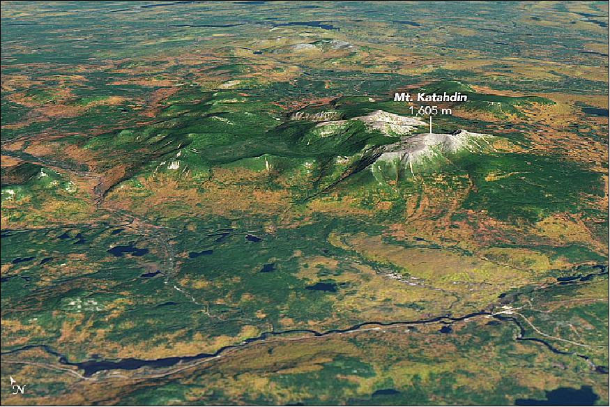 Figure 18: Landsat-8 image of northern Maine, acquired on 13 Oct. 2017, showing the mountainous part of Baxter State Park, an area of protected wilderness with Mount Katahdin as the highest peak in the state (image credit: NASA Earth Observatory, images by Joshua Stevens, using Landsat data from the U.S. Geological Survey, story by Kathryn Hansen)