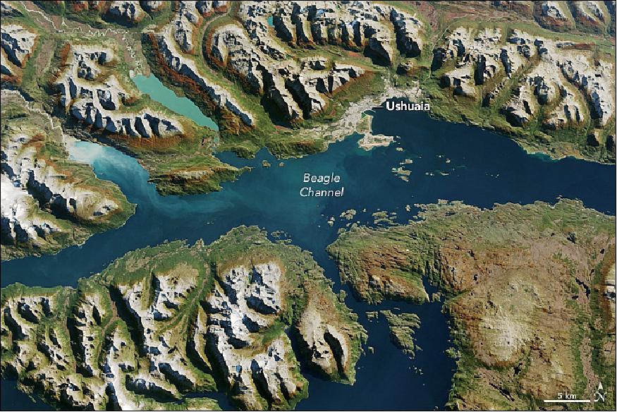 Figure 12: The OLI instrument on Landsat-8 captured this image of Ushuaia on the Beagle Channel on March 28, 2017 (image credit: NASA Earth Observatory, image by Jesse Allen, using Landsat data from the USGS, story by Kathryn Hansen)