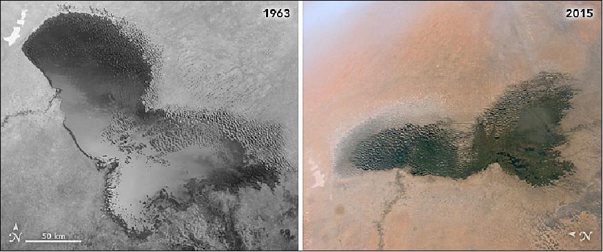Figure 10: These two images were captured by the Corona reconnaissance satellite in 1963 and by an astronaut on the International Space Station in 2015 (image credit: NASA Earth Observatory, images using declassified military satellite Corona data provided by the USGS — at right is an astronaut photograph ISS042-E-244403, provided by the ISS Crew Earth Observations Facility and the Earth Science and Remote Sensing Unit, NASA/JSC, Story by Kathryn Hansen)