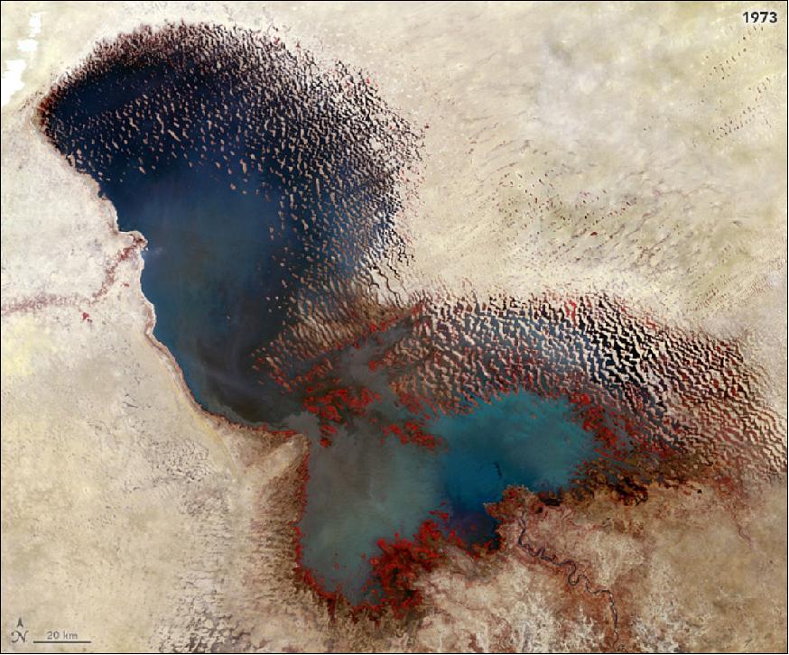 Figure 8: False-color image of Lake Chad acquired by Landsat-1 in 1973 (image credit: NASA Earth Observatory, images using Landsat data provided by the USGS, Story by Kathryn Hansen)