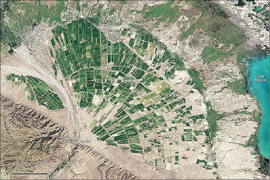 Figure 115: OLI of the Landsat-8 satellite captured this view of an alluvial fan in Kazakhstan's Almaty province on Sept. 9, 2013 (image credit: NASA Earth Observatory, USGS)