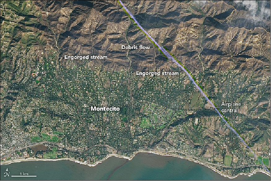 Figure 73: OLI image of the town of Montecito, acquired on 10 January 2018, after mud and debris tore through the town (image credit: NASA Earth Observatory, images by Joshua Stevens, using Landsat data from the U.S. Geological Survey, caption by Adam Voiland)