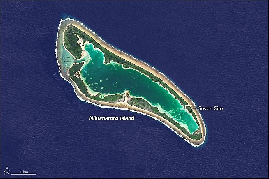 Figure 55: The OLI instrument on Landsat-8 acquired this natural-color image of the Nikumaroro atoll on 28 July 2014 (image credit: NASA Earth Observatory, image by Joshua Stevens, using Landsat data from the U.S. Geological Survey. Story by Mike Carlowicz)