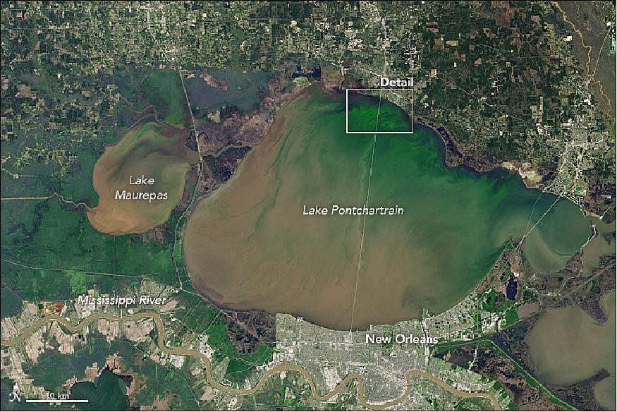 Figure 51: Overview of the Lake Pontchartrain/New Orleans region acquired by OLI on Landsat-8 on March 3, 2018 (image credit: NASA Earth Observatory, image by Joshua Stevens, using Landsat data from the U.S. Geological Survey, story by Kathryn Hansen)