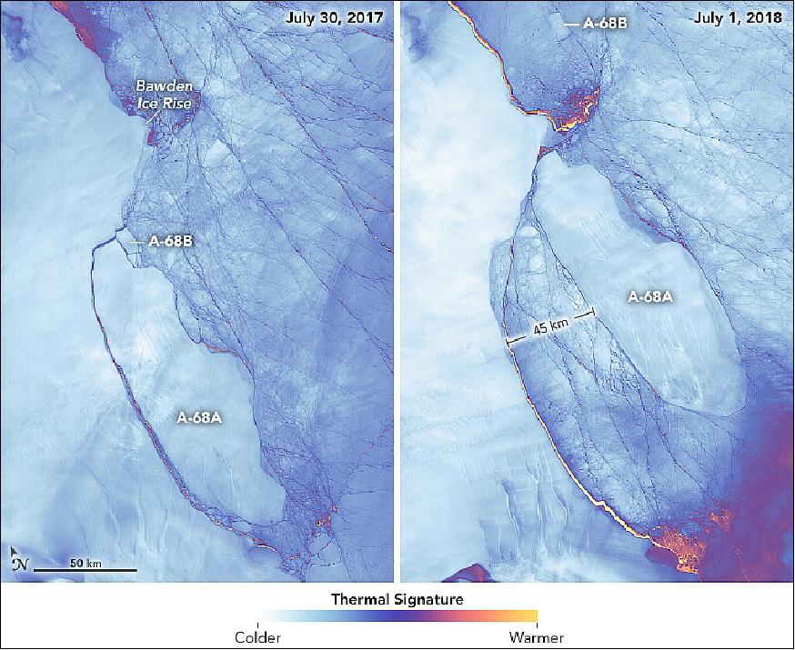 Figure 33: The left image shows Iceberg A-68 on July 30, 2017, soon after it broke away from the shelf and then fractured into two pieces known as A-68A and A-68B. The right image shows the same area on July 1, 2018. Both images are false-color, acquired with the Thermal Infrared Sensor (TIRS) on Landsat-8. Colors indicate the relative warmth or coolness of the landscape, from orange (warmest) to light blue and white (coldest), image credit: NASA Earth Observatory, images by Joshua Stevens, using Landsat data from the USGS. Story by Kathryn Hansen with image interpretation by Chris Shuman.