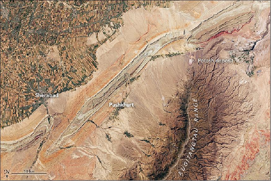 Figure 30: The image centers on a colorful sequence of sedimentary ridges in southern Uzbekistan near several of the sites. The image was acquired by the Operational Land Imager (OLI) on Landsat 8 on June 27, 2018. The ridges are sandwiched between croplands flanking the Sherabad River and the Kugitangtau Range. Note: the image has been flipped to minimize relief inversion. The ridges rise roughly 1,000 meters above sea level (image credit: NASA Earth Observatory, image by Joshua Stevens, using Landsat data from the USGS, story by Adam Voiland, with information from Franz T. Fürsich, Petra Tuŝlová, and Ladislav Stančo)