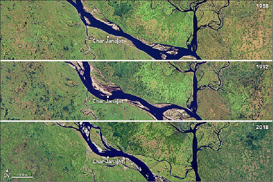 Figure 29: The lower portion of the Padma River has wide meandering curves, an indicator of extensive erosion, shown in these Landsat January images acquired from 2 January, 1988 -20 January 2018 (image credit: NASA Earth Observatory, images by Joshua Stevens, using Landsat data from the USGS, story by Kasha Patel)