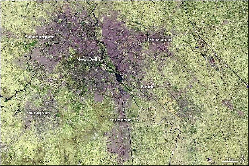 Figure 23: False-color image of New Delhi acquired on June 5 2018 with the OLI (Operational Land Imager) on Landsat-8 (image credit: NASA Earth Observatory, image by Lauren Dauphin, using Landsat data from the U.S. Geological Survey. Story by Kasha Patel)