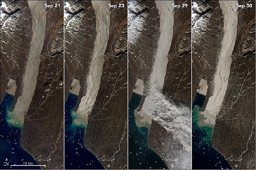 Figure 19: A series of Landsat-8 images captured on September 21, 23, 29, and 30—shows the floodplain where the stream flows into Scoresby Sound. As the soil on the floodplain dried out (first two images), the floodplain became increasingly gray. Northwesterly winds on September 29 were strong enough to lift glacial flour into the air (image credit: NASA Earth Observatory images by Joshua Stevens, using Landsat data from the U.S. Geological Survey, story by Adam Voiland)