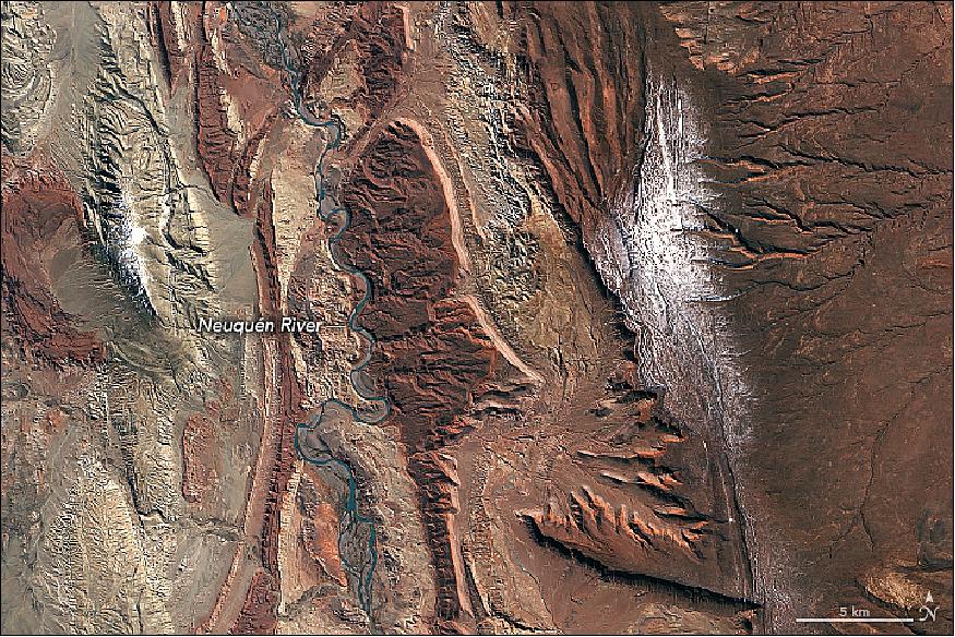 Figure 17: The distinctive sedimentary rock formations in west-central Argentina make for a geological and paleontological wonderland. OLI on Landsat-8 acquired this image showing part of the basin on September 3, 2018 (image credit: NASA Earth Observatory, image by Lauren Dauphin, using Landsat data from the U.S. Geological Survey. Story by Adam Voiland)